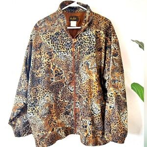 KLOZ VINTAGE 80-90s Abstract Leopard Print Satiny Full Zip Jacket Size 1X